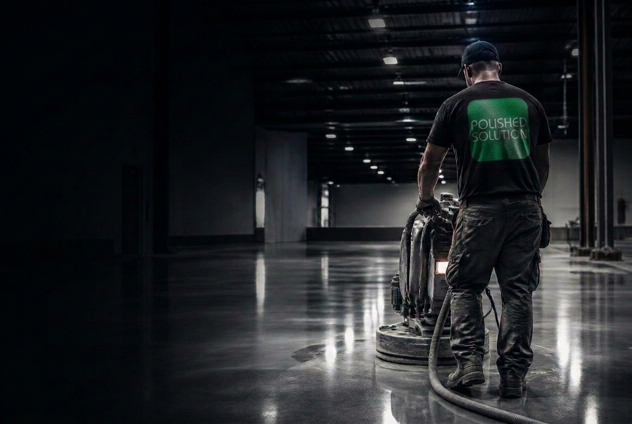 Technician polishing a concrete floor in a Florida warehouse